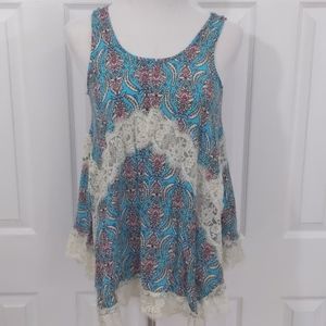 Umgee Blue and White Boho Lace Blouse Size M